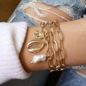 Imitation Pearl & Gold-tone Chain-link Bracelet Set